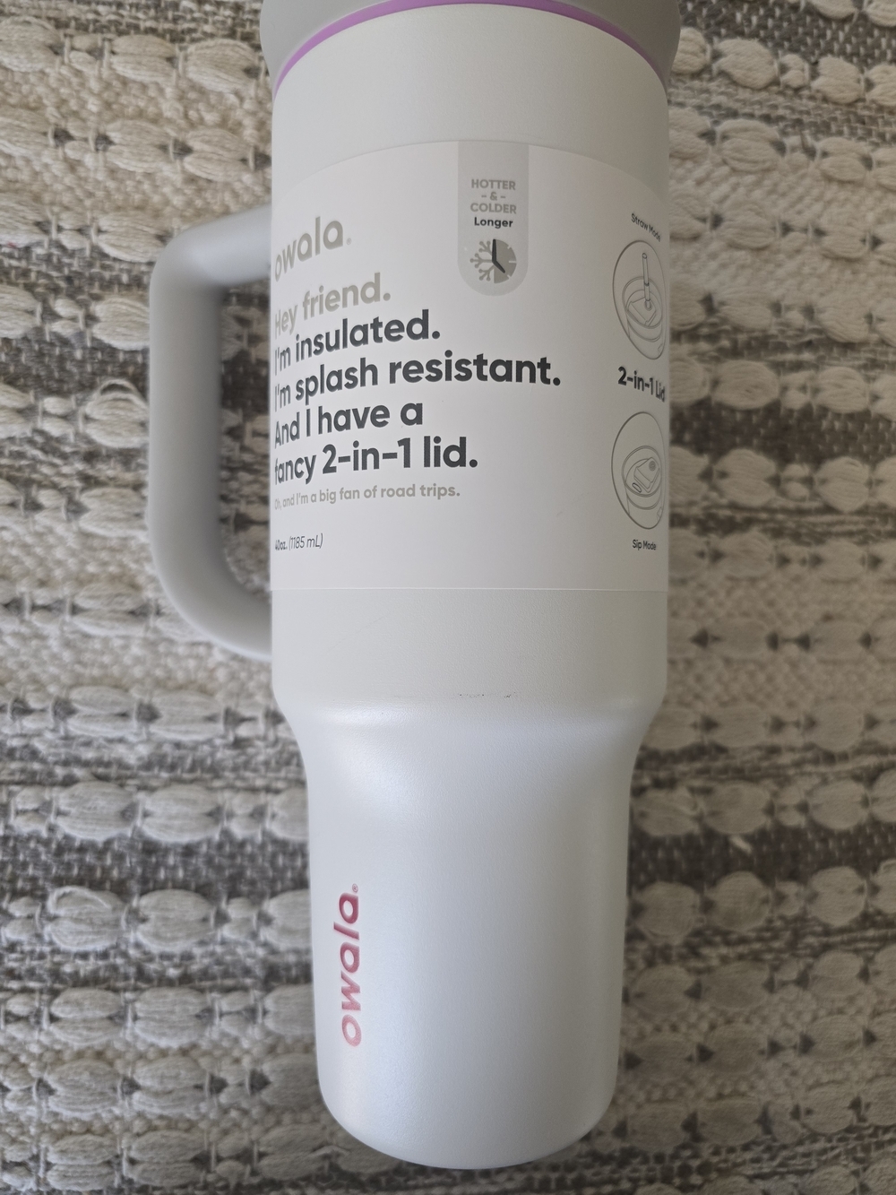 Owala Insulated Travel Mug - White with Pink Accent